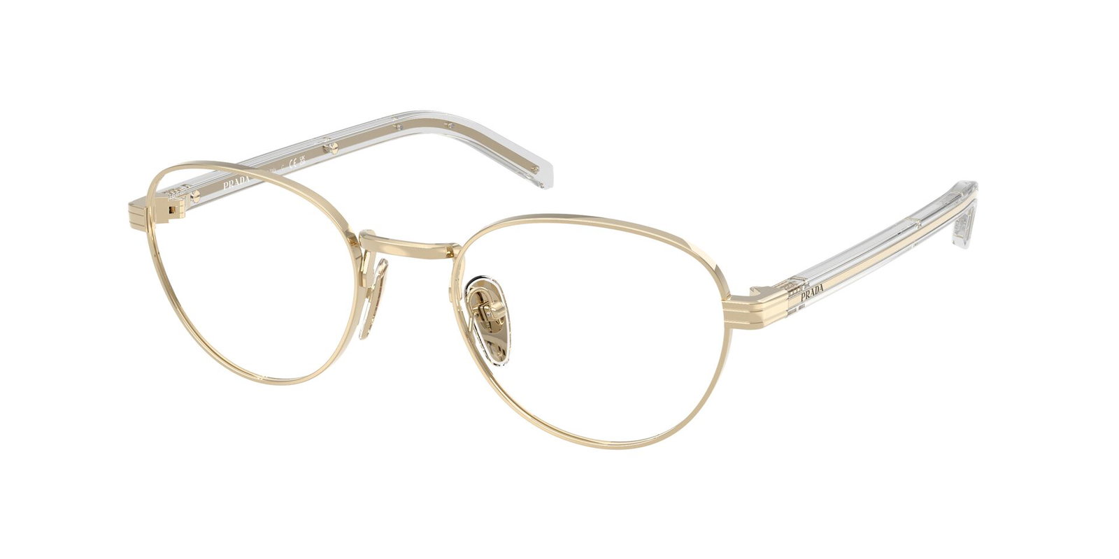 Das Bild zeigt die Prada Brille B53V in Hellgold leicht schräg von der Seite.